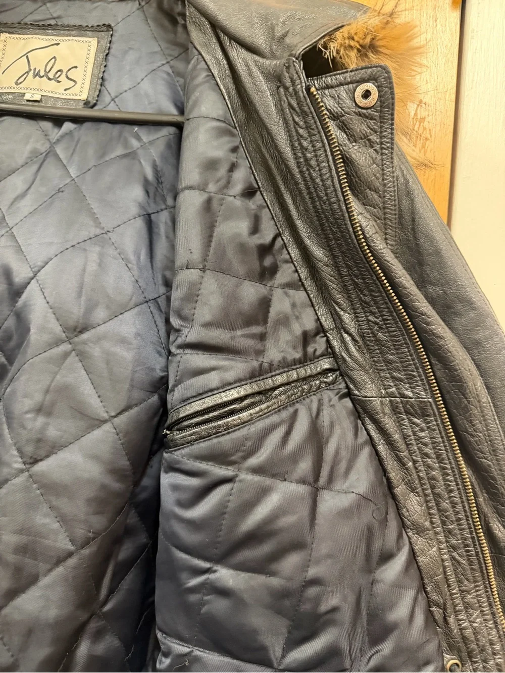 Joules Black Leather Parka with Faux Fur Trim